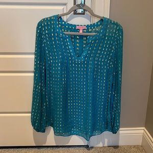 Lilly Pulitzer sheer blue blouse with gold accidents